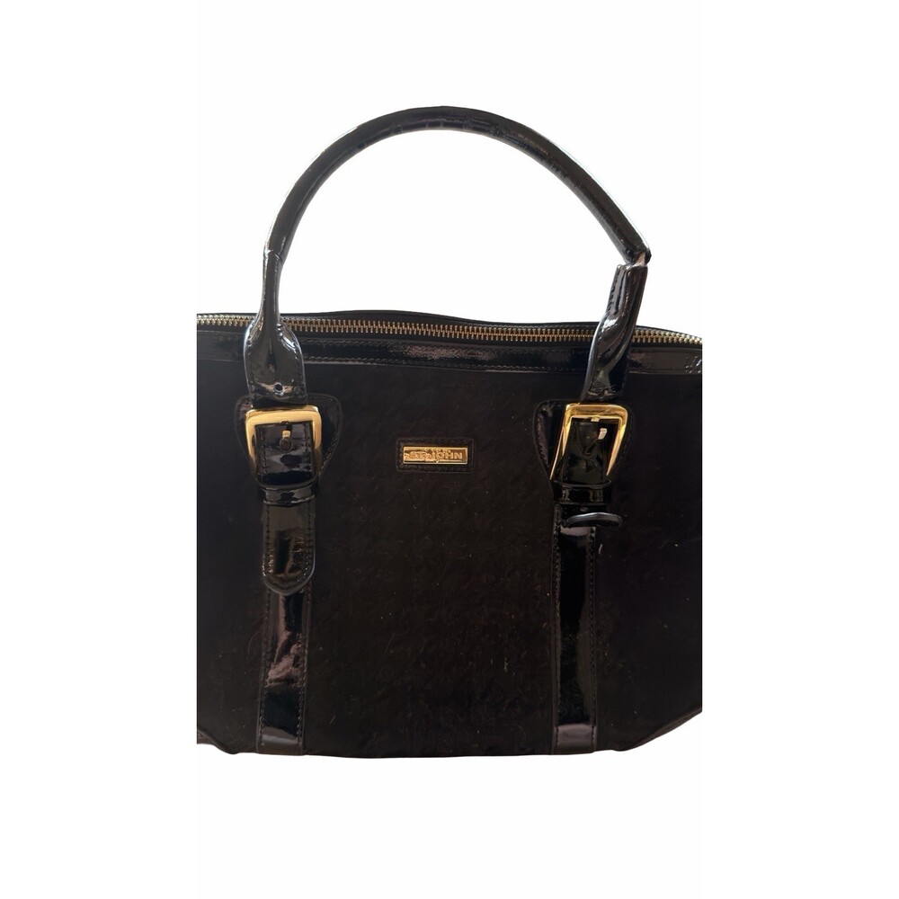 St. John Black Patent Logo Satchel Bag Gold Hardware Zip Top - Picture 12 of 12
